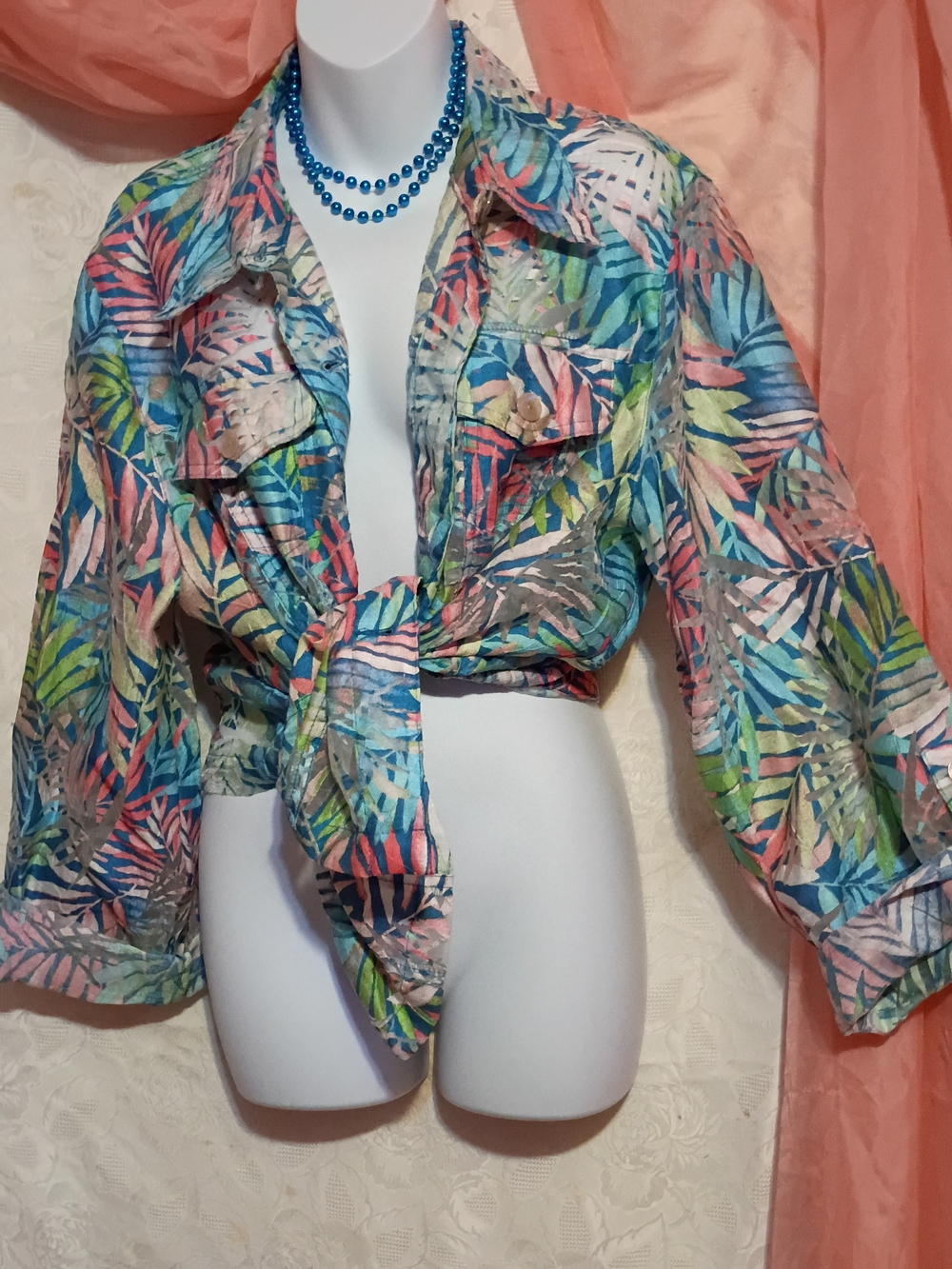 Ruby Rd. Multicolor Tropical Print/Sheer Button Down Shirt